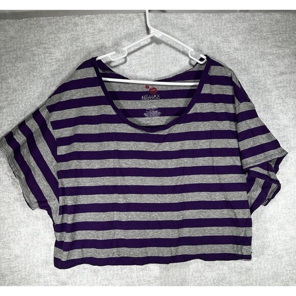 Vintage Y2K Cropped Batwing Scoop Neck  Stretch Top Women  XL Purple/Gray Stripe - Picture 1 of 7
